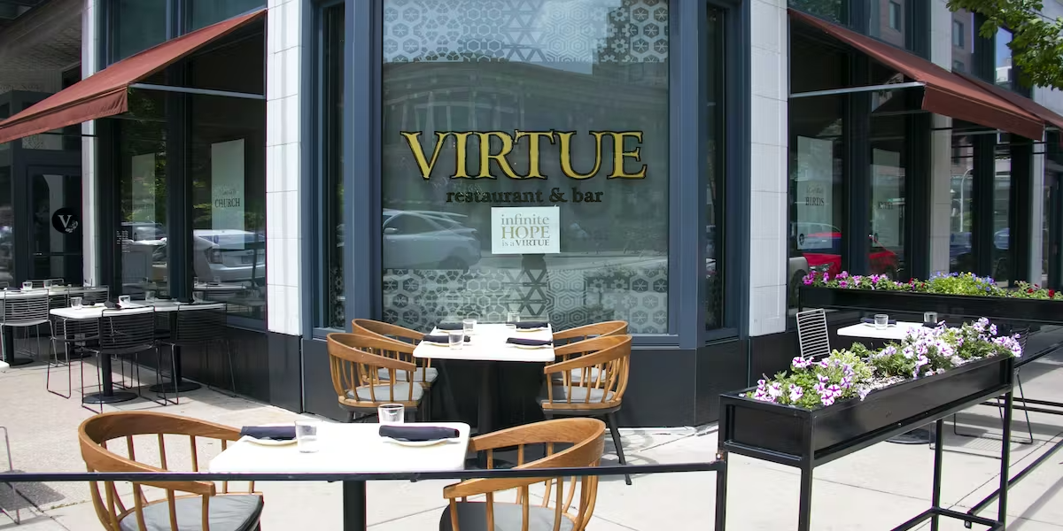Outdoor Patio and chairs located at Virture Resturant on the sidewalk of 53rd Street