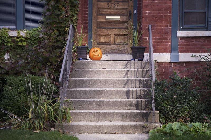 A pumpkin on a Hyde Park porch